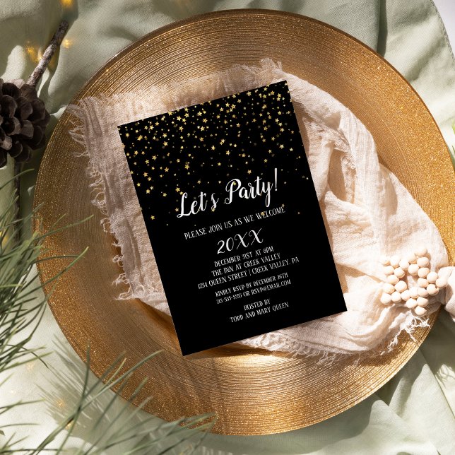 Let's Party Gold Confetti on Black New Year's Eve Invitation (Creator Uploaded)