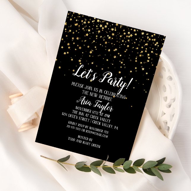 Let's Party Gold Confetti on Black Retirement Invitation (Creator Uploaded)