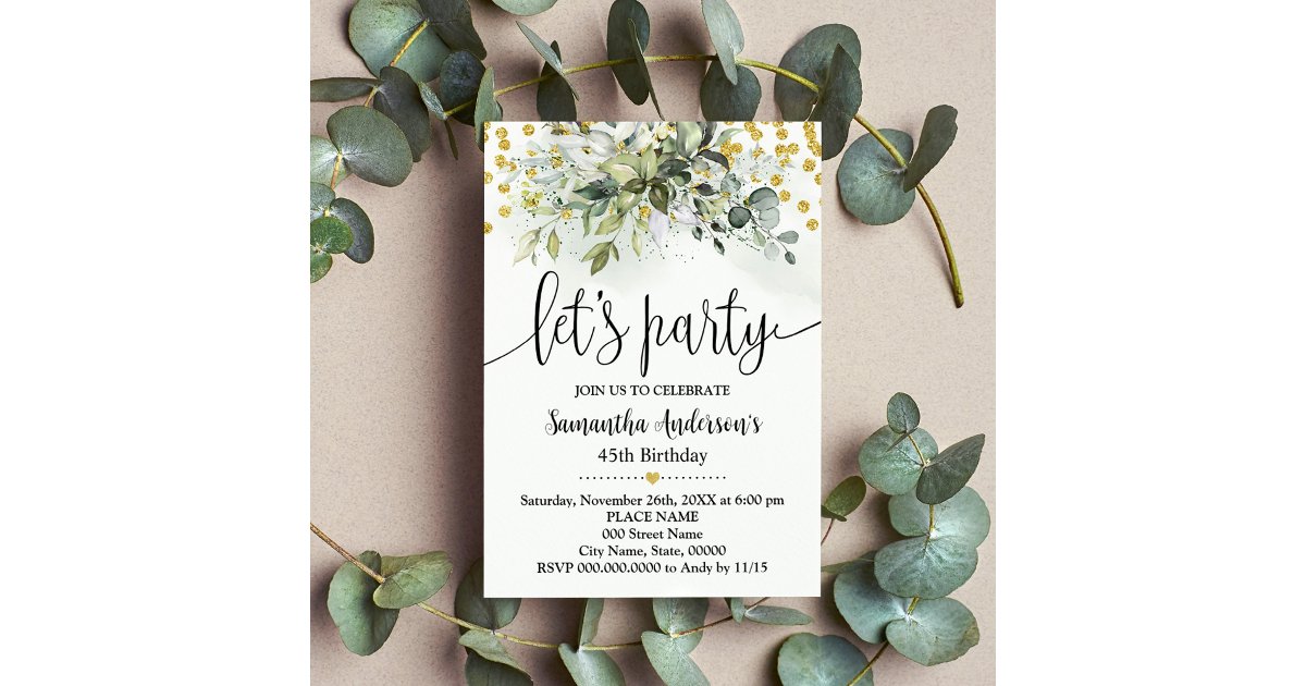 Let's Party Greenery Gold Glitter Birthday Invitation | Zazzle