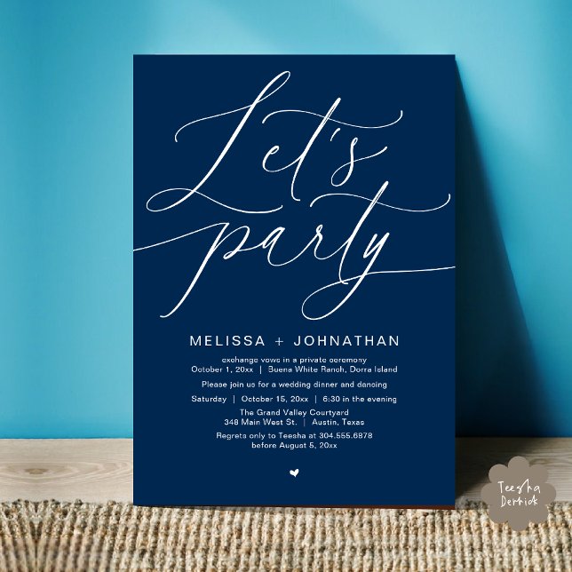 Let's Party Happily Ever After Wedding Dinner Invitation (Let's Party Happily Ever After Romantic Modern Wedding Dinner Invitation Card PDF Navy Blue)