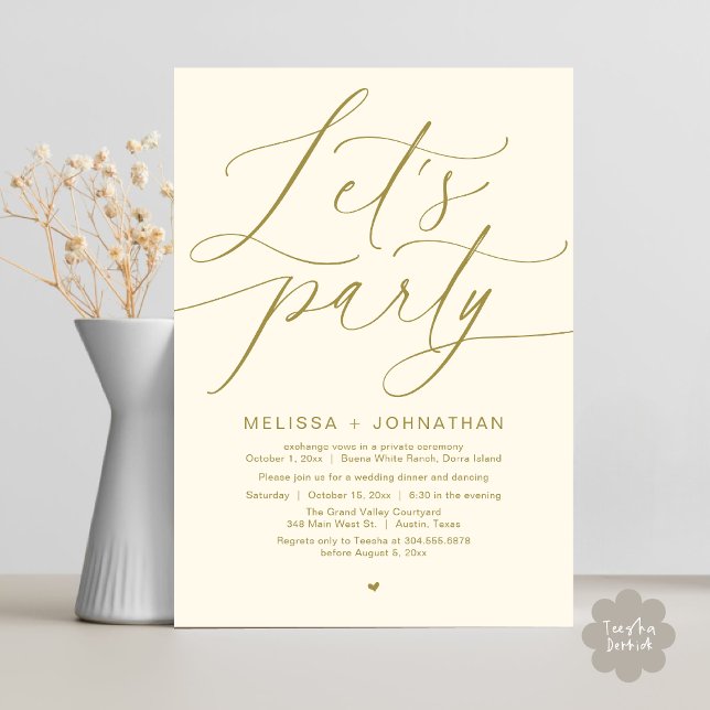 Let's Party Happily Ever After Wedding Dinner Invitation (Let's Party Happily Ever After Romantic Modern Wedding Dinner Invitation Card PDF Yellow Gold)