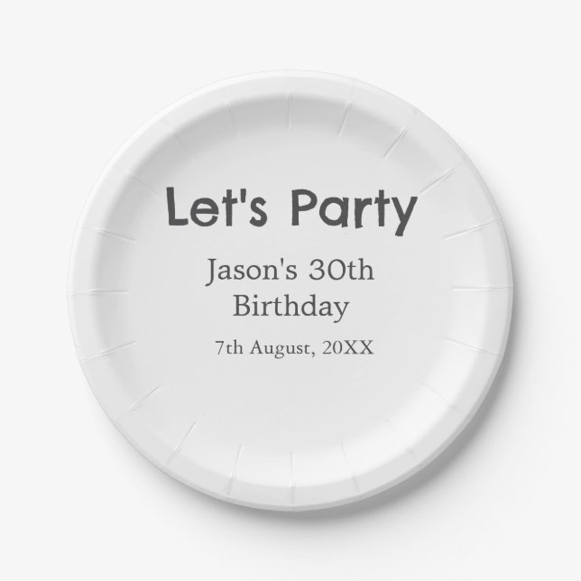 Let's party happy 30th birthday simple grey name paper plate (Front)