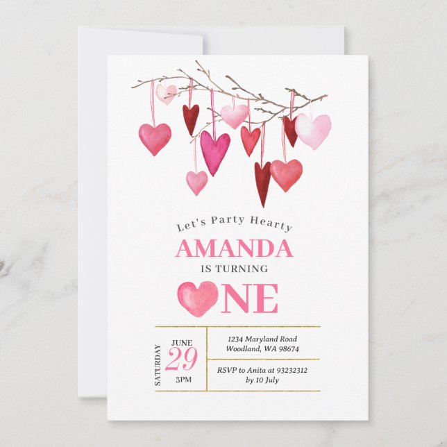 Let's Party Hearty Valentine Balloon 1st Birthday Invitation (Front)