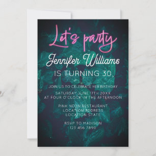 Lets party hot pink neon script foliage birthday invitation
