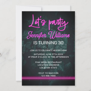 Lets party hot pink neon script foliage invitation