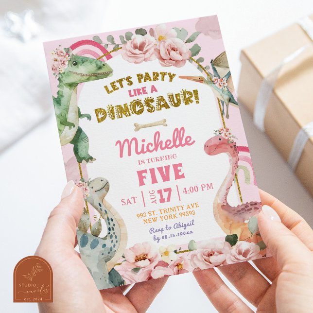 Let's Party Like a Dinosaur Girl's Pink Birthday Invitation (Creator Uploaded)