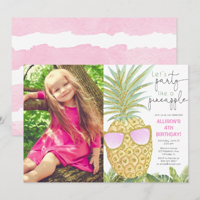 Let's Party like a pineapple girl birthday photo Invitation (Front/Back)