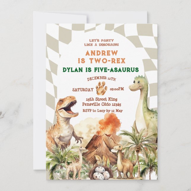 Let's Party Like Dinosaur Sibling Birthday Vintage Invitation (Front)