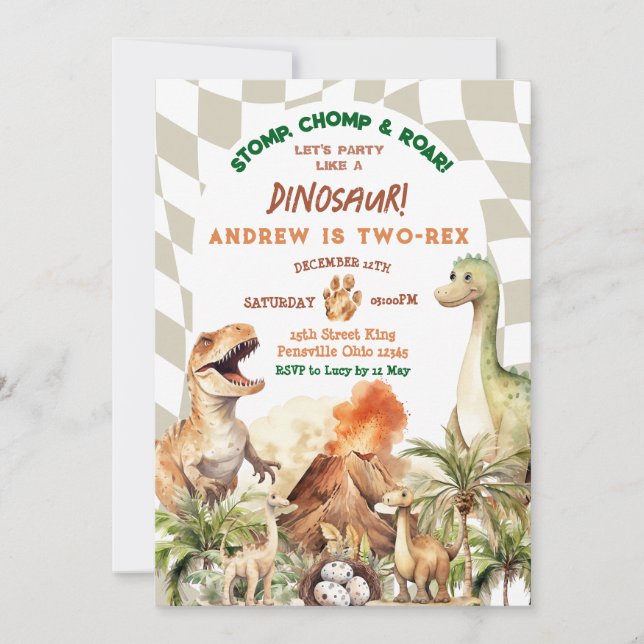 Let's Party Like Dinosaur Vintage Boy's Birthday Invitation (Front)