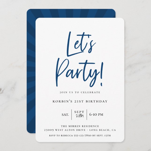 Let's Party Modern Blue Script Birthday Invitation (Front/Back)