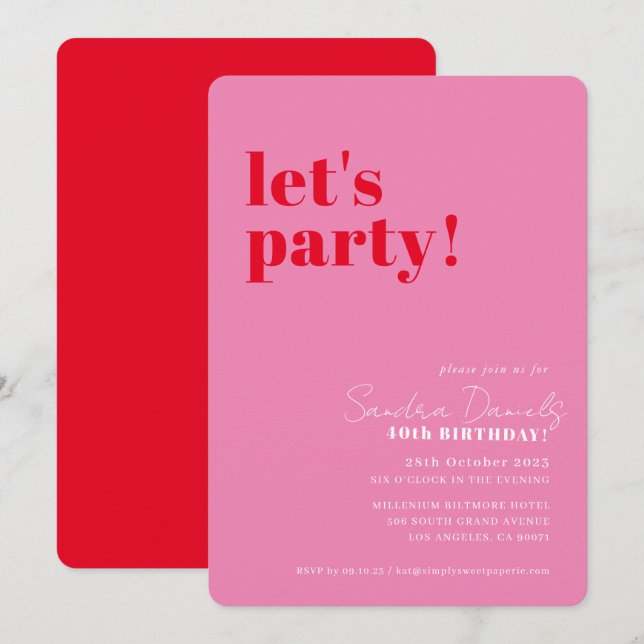 LET'S PARTY modern minimal birthday red pink Invitation (Front/Back)