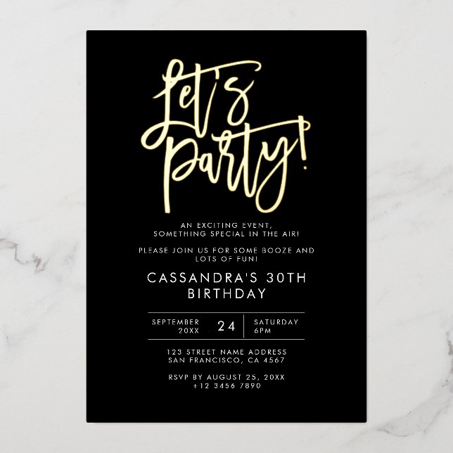 Let's Party Modern Minimalist Black Gold Birthday (Front)