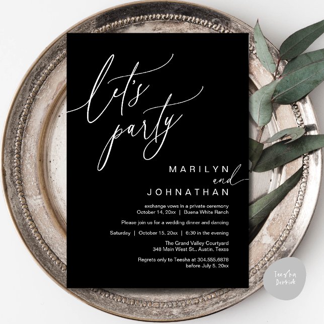 Let's Party, Modern Romantic Wedding Reception Invitation (Let's Party, Modern Romantic Wedding Reception Dinner Invitation Card in Classy Black)