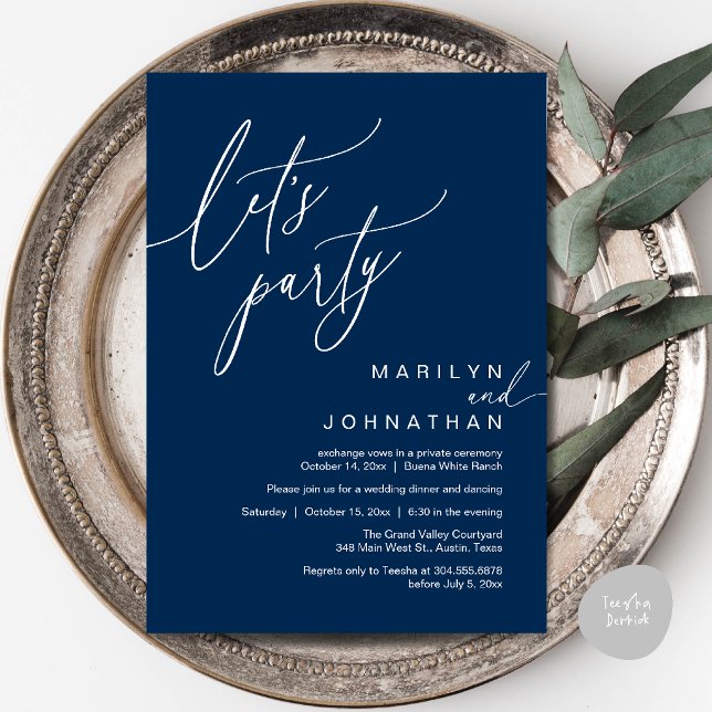 Let's Party, Modern Romantic Wedding Reception Invitation (Let's Party, Modern Romantic Wedding Reception Dinner Invitation Card in Navy Blue)