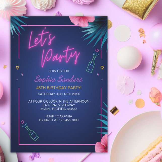 Let's Party Neon Electric Pink Birthday Invitation (Creator Uploaded)