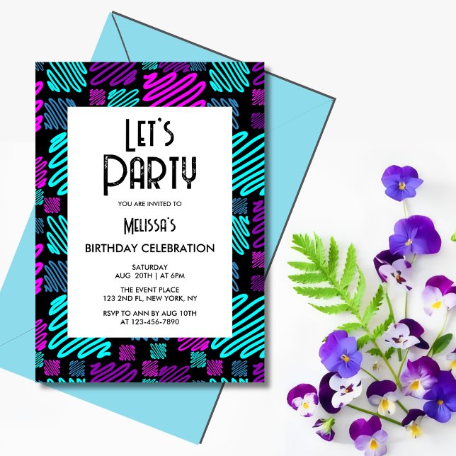 Let's Party Neon Geometric Pattern Birthday  Invitation (Creator Uploaded)