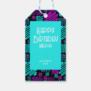Let's Party Neon Geometric Pattern Happy Birthday Gift Tags