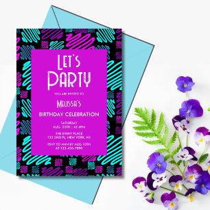 Let's Party Neon Purple Blue Geometric Birthday Invitation