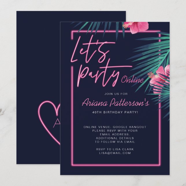 Let's Party Online Neon Pink Tropical Birthday Invitation (Front/Back)