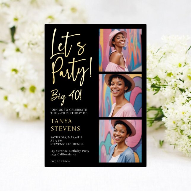 Let's party photo white black forty birthday gold (Let's party photo white black forty birthday gold foil invitation)