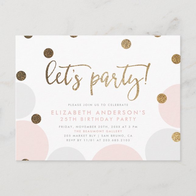 Let's Party! | Pink Bubbles Gold Script Birthday Invitation Postcard (Front)