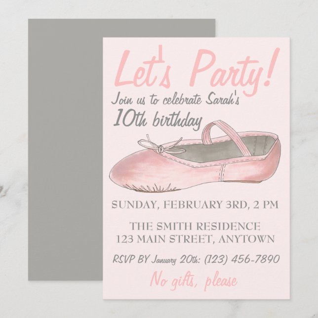 Let's Party! Pink Dance Ballerina Ballet Slipper Invitation (Front/Back)