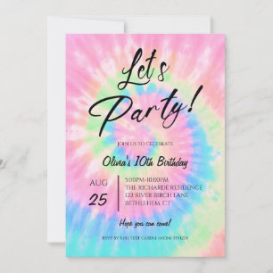 Let's Party, Pink Tie Dye birthday party Invitation