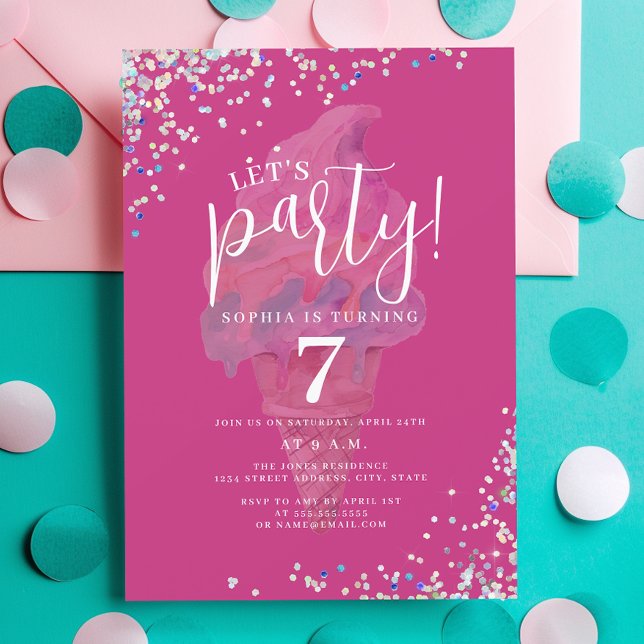 Let's Party Rainbow Hot Pink Ice Cream Birthday Invitation (Creator Uploaded)