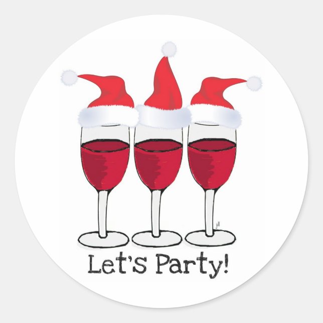 LET'S PARTY RED WINE AND CHRISTMAS HATS PRINT CLASSIC ROUND STICKER (Front)