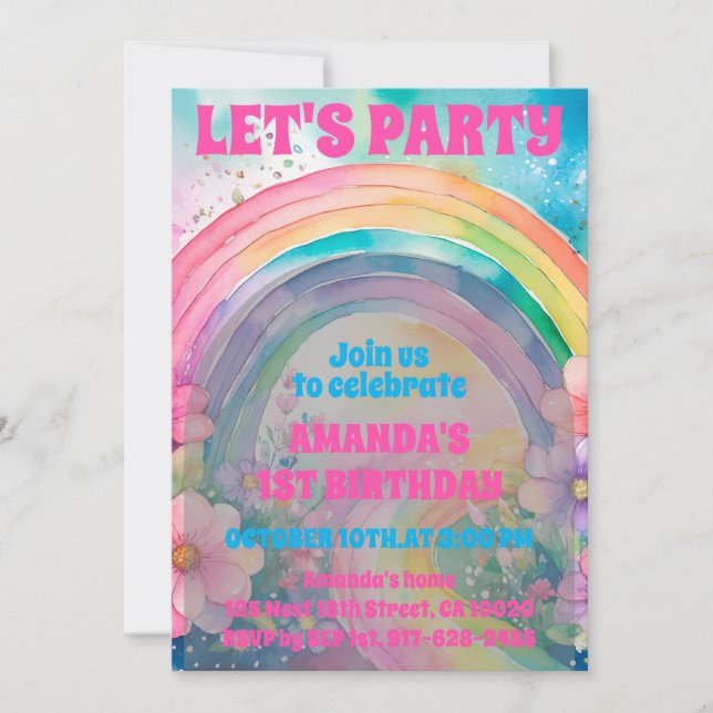 Let's Party Retro Pastel Rainbow Flowers Birthday Invitation (Front)