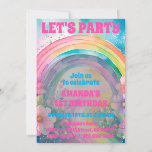 Let's Party Retro Pastel Rainbow Flowers Birthday Invitation