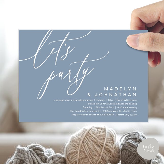 Let's Party, Romantic Wedding Dinner and Dancing Invitation (Let's Party, Romantic Charm Wedding Dinner Dancing Lunch Brunch Invitation Card PDF Dusty Blue)