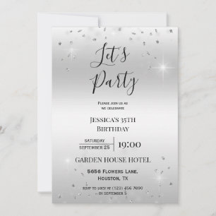 "Let's Party" Silver Glitter & Sparkles Birthday Invitation
