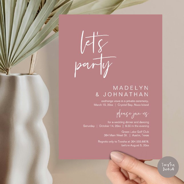 Let's Party, Wedding Elopement Dinner and Dancing Invitation (Let's Party, Modern Wedding Elopement Dinner and Dancing Invitation Card, PDF, in Dusty Rose Pink)
