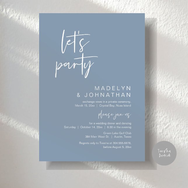 Let's Party, Wedding Elopement Dinner and Dancing Invitation (Let's Party, Modern Wedding Elopement Dinner and Dancing Invitation Card, PDF, in Dusty Blue)