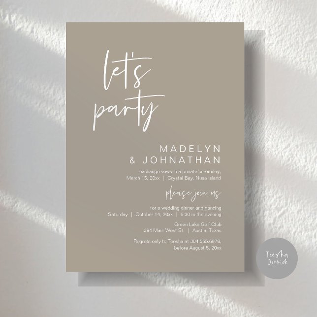 Let's Party, Wedding Elopement Dinner and Dancing Invitation (Let's Party, Modern Wedding Elopement Dinner and Dancing Invitation Card, PDF, in Simply Warm Taupe)