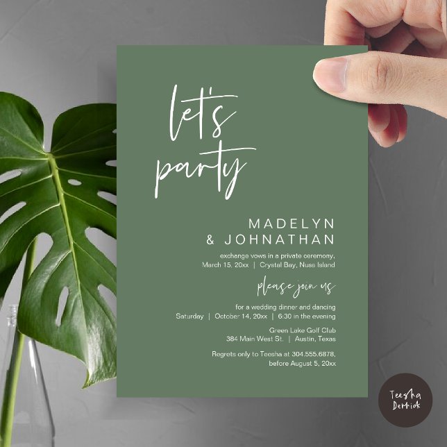 Let's Party, Wedding Elopement Dinner and Dancing Invitation (Let's Party, Modern Wedding Elopement Dinner and Dancing Invitation Card, PDF, in Sage Green)