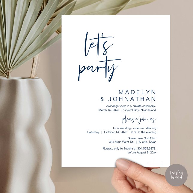 Let's Party, Wedding Elopement Dinner and Dancing Invitation (Let's Party, Modern Wedding Elopement Dinner and Dancing Invitation Card, PDF, in Navy Blue)