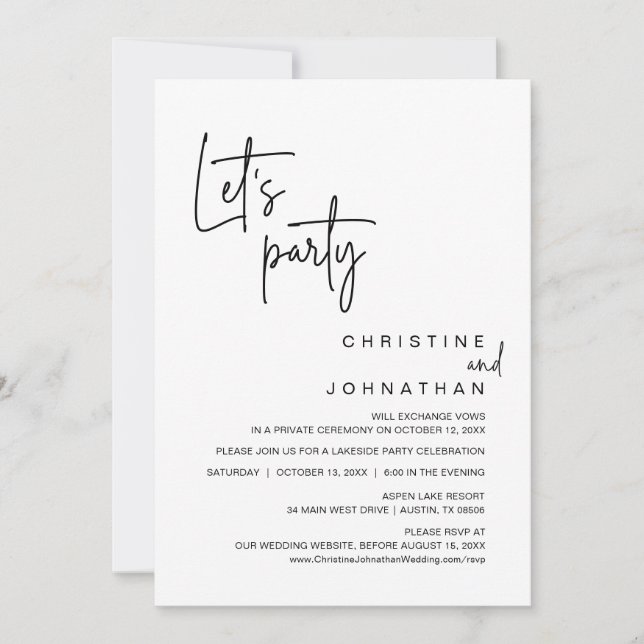 Let's Party, Wedding Elopement Dinner Celebration Invitation (Front)