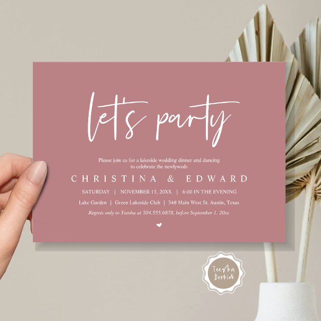 Let's Party, Wedding Elopement, Modern Minimalist Invitation (Let's Party, Wedding Elopement Dinner Invitation Card, Printed and Digital File, in dusty rose pink)