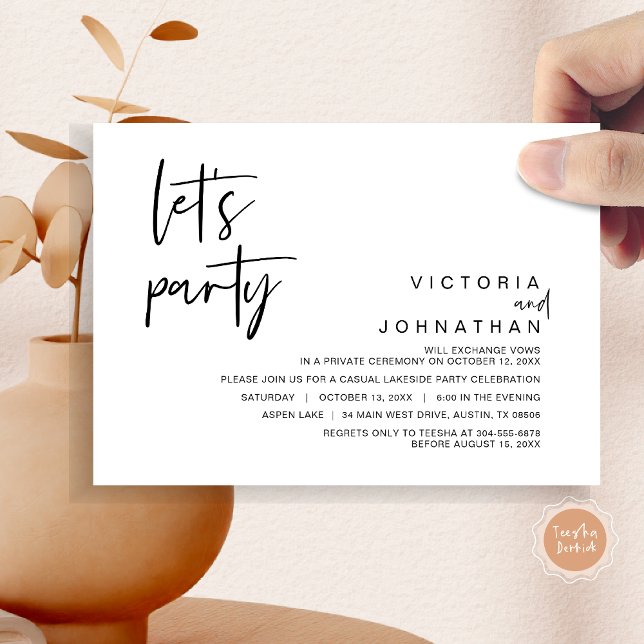 Let's Party, Wedding Elopement Party Invitation (Let's Party, Wedding Elopement Dinner Invitation Card, Modern Minimalist Script, in Black and White)