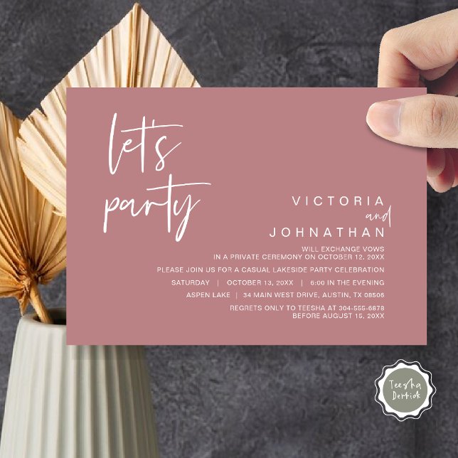 Let's Party, Wedding Elopement Party Invitation (Let's Party, Wedding Elopement Dinner Invitation Card, Modern Minimalist Script, in Dusty rose pink)