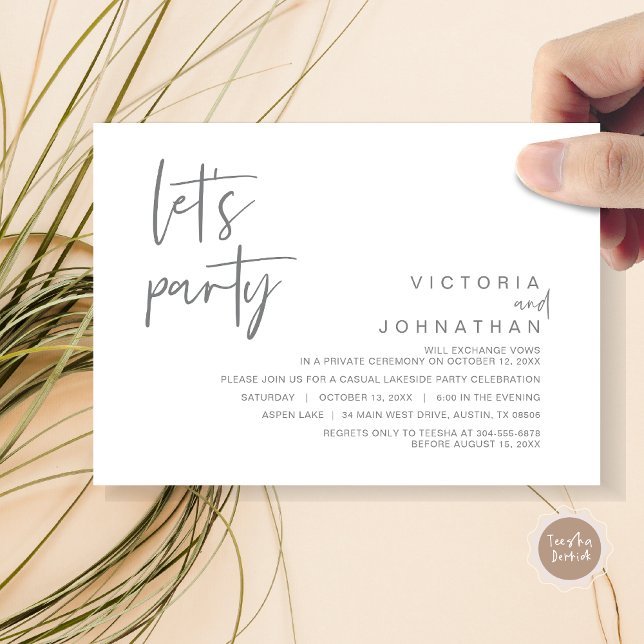 Let's Party, Wedding Elopement Party Invitation (Let's Party, Wedding Elopement Dinner Invitation Card, Modern Minimalist Script, in Dark Grey)