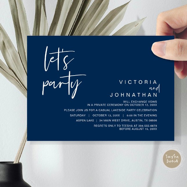 Let's Party, Wedding Elopement Party Invitation (Let's Party, Wedding Elopement Dinner Invitation Card, Modern Minimalist Script, in Navy Blue)