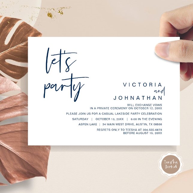 Let's Party, Wedding Elopement Party Invitation (Let's Party, Wedding Elopement Dinner Invitation Card, Modern Minimalist Script, in Navy Blue)