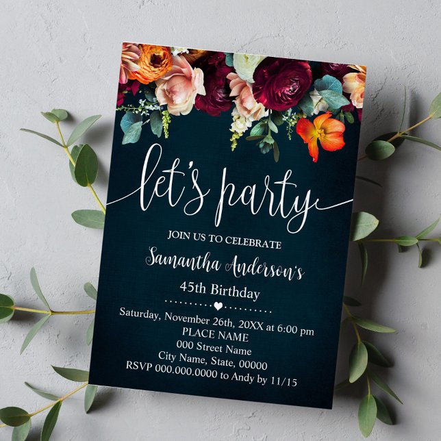Let's Party Wine Flowers Navy Adults Birthday Invitation (Creator Uploaded)