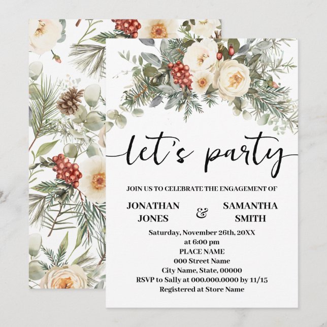 Let's Party Winter White Flowers Engagement Invitation (Front/Back)