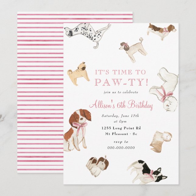 Let's Paw-ty Dog Girl Pink Animal Birthday Party  Invitation (Front/Back)