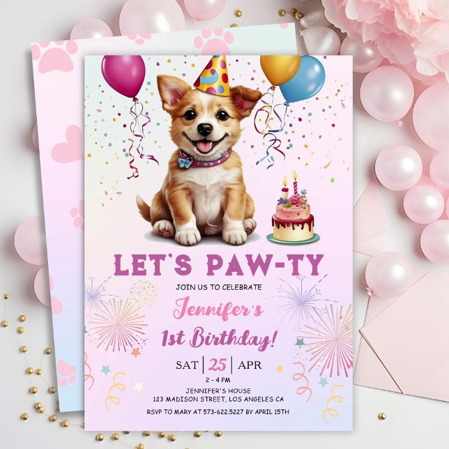 Lets Pawty 1st Birthday Dog Puppy Girl Party  Invitation (Creator Uploaded)