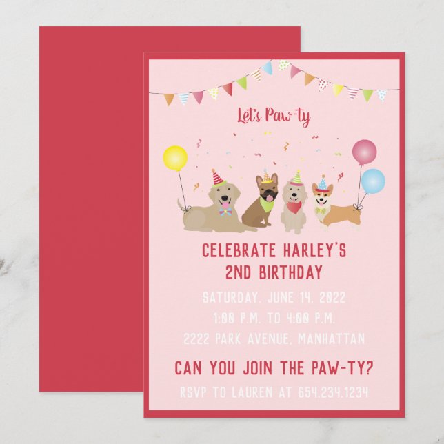 Lets Pawty Birthday Party Dogs Invitation (Front/Back)